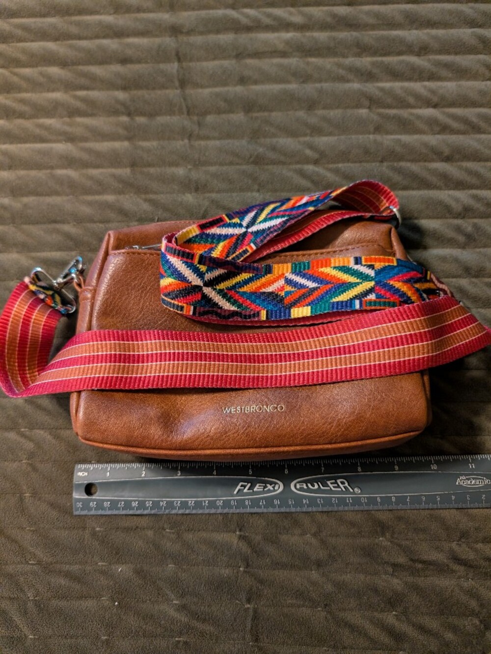 Brown Leather Crossbody Bag with Multicolor Strap